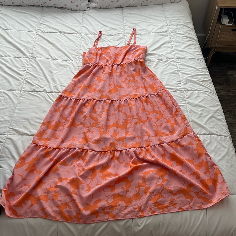 Full Length Pink and Orange Tiered Flowy Dress (Size: Medium)